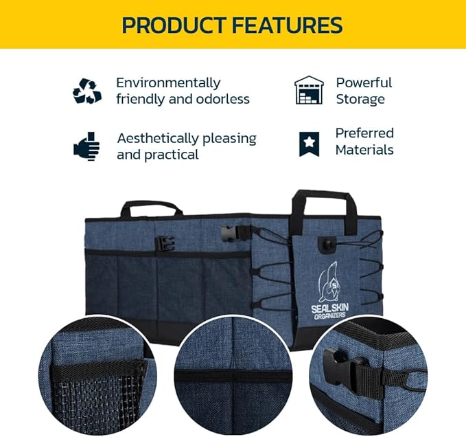 Seal Skin Covers Trunk Organizer for SUV, Car & Truck - Premium Heavy Duty & Collapsible with 3 Adjustable Size - Lightweight & Portable Storage Organizer - Easy to Use & Install in Any Vehicle - Blue
