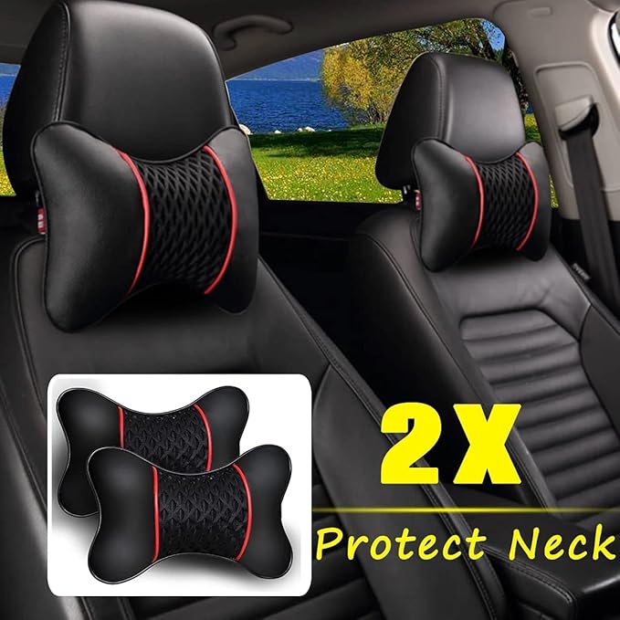 2PCS PU Leather Car Headrest Cushions Neck Rest Cushion Pillow Wearable Soft Car Neck Support Car Seat Neck Pillow