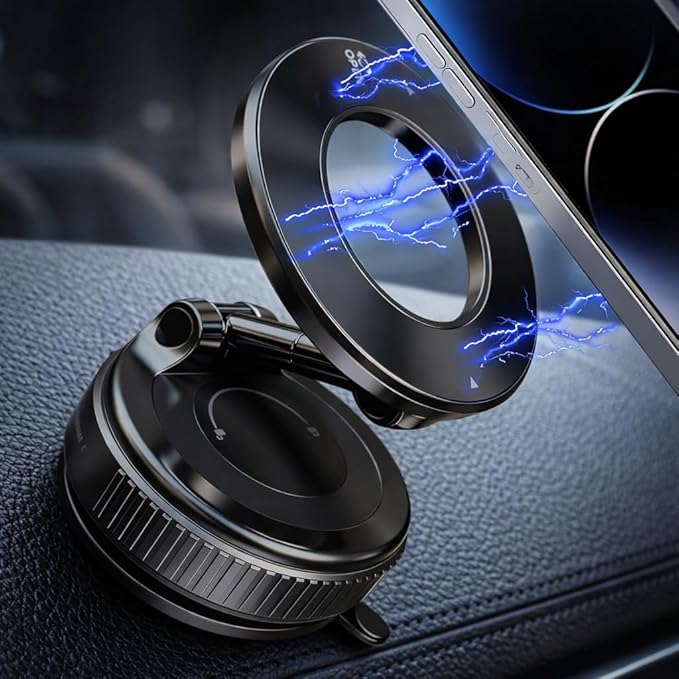 Magnetic Car Phone Mount with Metal Ring – Strong Dashboard & Windshield Holder for Smartphones, 360° Rotation, Vacuum Suction, Universal Compatibility