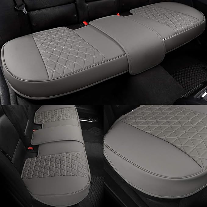 Black Panther Luxury PU Leather Rear Car Seat Cover Adjustable Length (49-55'') Back Bench Seat Protector Fits 90% Standard Two-seat Rear Row, for Seat Bottom Only, Triangle Quilted Design, Gray
