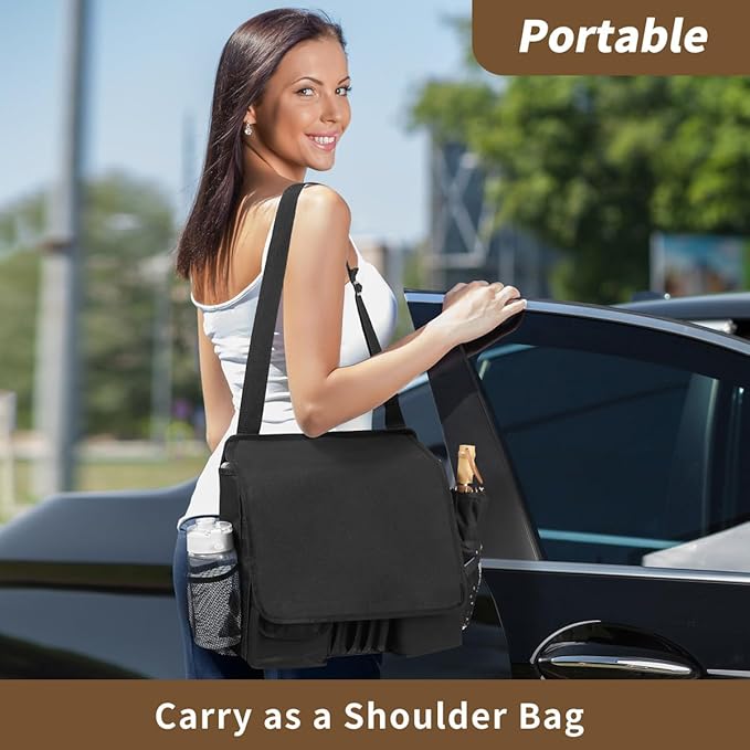 Car Front Seat Organizer for Paperwork File Laptop Mobile Office, Multi Compartment Storage Bag with Cup holder and Adjustable Strap for Car Work Truck Van