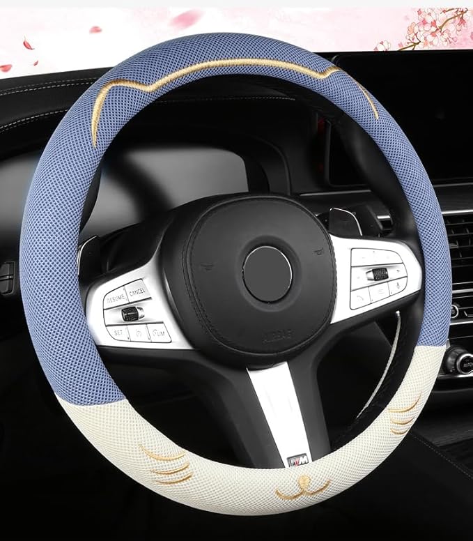 38cm Car Steering Wheel Cover, Universal 15 inch, Microfiber Breathable Ice Silk, Anti-Slip, Odorless, Easy to Install, Blue and White Contrast Design, Cute Cat for Girls, Ladies, Women