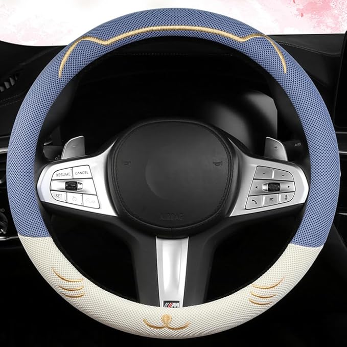 38cm Car Steering Wheel Cover, Universal 15 inch, Microfiber Breathable Ice Silk, Anti-Slip, Odorless, Easy to Install, Blue and White Contrast Design, Cute Cat for Girls, Ladies, Women
