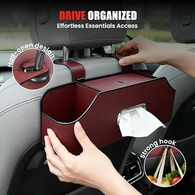 3-in-1 Car Backseat Organizer, 2026 Multifunctional Car Back Seat Storage Organize Box with Cup Holder Tissue Box, for Hold Phones, Snacks, Drinks, Handbags (Red)