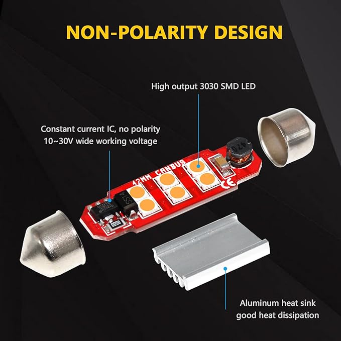 PHINLION 578 LED Light Bulbs, Super Bright 3030 6-SMD Festoon 41mm 42mm 211-2 212-2 LED Bulbs for Car Interior Map Dome Trunk Courtesy Lights, Amber Yellow (4 Pack)