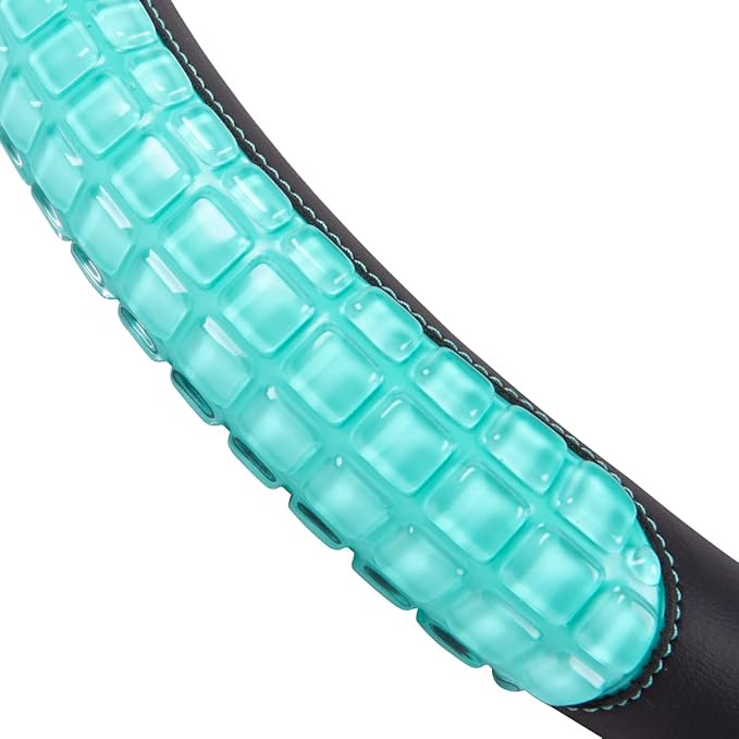 Flying Banner car Steering Wheel Cover Gel Massage Velvet Cool Warm Universal Size 15 inches SUV Truck Anti Slip Odorless Summer Winter (Black Mint Blue, Gel Massage)