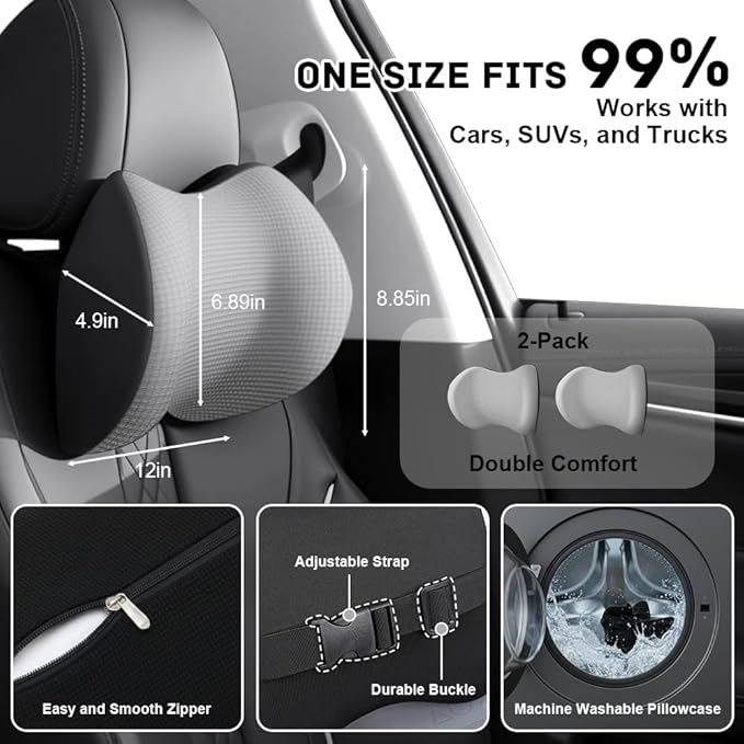 2Pack Car Neck Pillow - No Pressure & Odorless Memory Foam Car Headrest Pillow for Pain Relief, Ergonomic Support with Adjustable Strap & Breathable Removable Cover, Universal Fit(Gray)