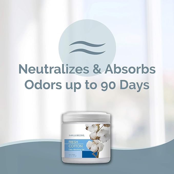 SMELLS BEGONE 15oz Gel Odor Eliminator - Absorb & Remove Tough Odors in Pet Areas, Bathrooms, Basements, Garage, Cars, RVs & Boats - Eliminate Odors Quickly (6-Pack, Fresh Cotton)