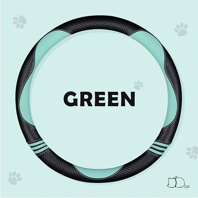 Car Steering Wheel Covers for Women Girl Padded Carbon Fiber PU Leather Cute Cartoon Auto Interior Accessories for Jeep, Truck, Universal, Anti Slip, Green, Large Size, 15.2-16in