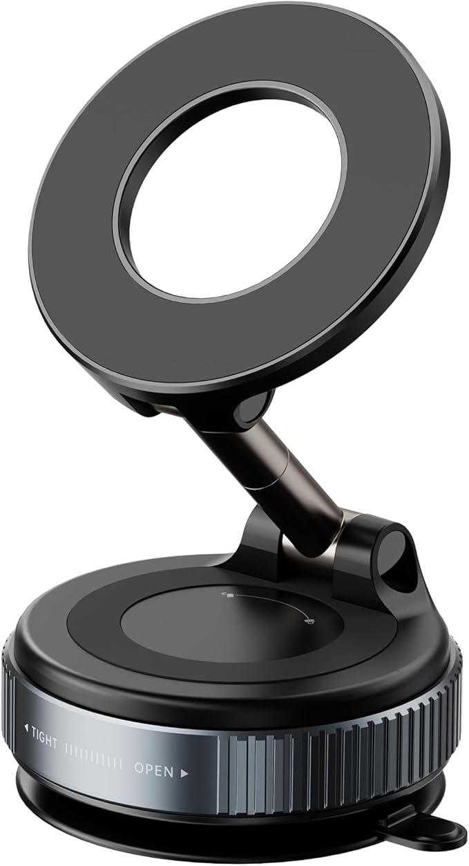 Magnetic Car Phone Mount with Metal Ring – Strong Dashboard & Windshield Holder for Smartphones, 360° Rotation, Vacuum Suction, Universal Compatibility