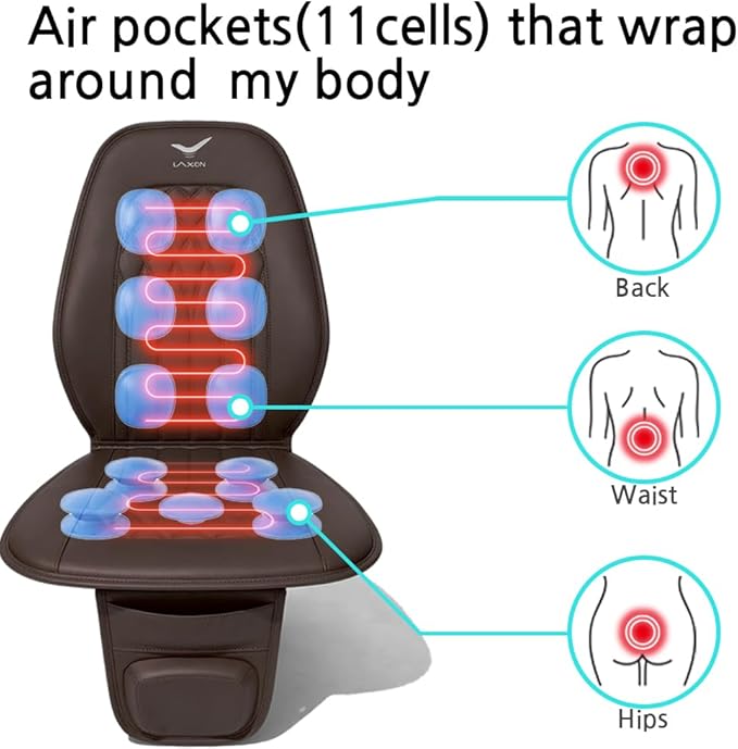 Laxon Vehicle Seat Air Massage Cover. Tailored for Long-Distance Truck Drivers with Long Driving.11 Air Cells Dynamic Work 3 Massage Mode for Back & Hip. Relax Muscles While Driving (Choco)