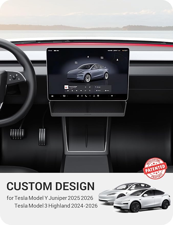 BASENOR 2026 Tesla Model Y Model 3 Under Screen Storage Box [100% Secure] Center Console Organizer Tray for Model Y Juniper 2025 2026 Model 3 Highland 2024 2025 2026 (Standard, Premium & Performance)