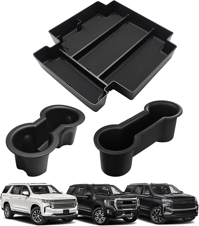 Muslogy Center Console Organizer & Cup Holder Inserts Compatible with 2021-2025 2026 GMC Yukon Chevy Tahoe Suburban Accessories Front & Rear Drink Holder & Armrest Storage Box(Power Sliding Console)