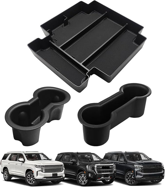 Muslogy Center Console Organizer & Cup Holder Inserts Compatible with 2021-2025 2026 GMC Yukon Chevy Tahoe Suburban Accessories Front & Rear Drink Holder & Armrest Storage Box(Power Sliding Console)