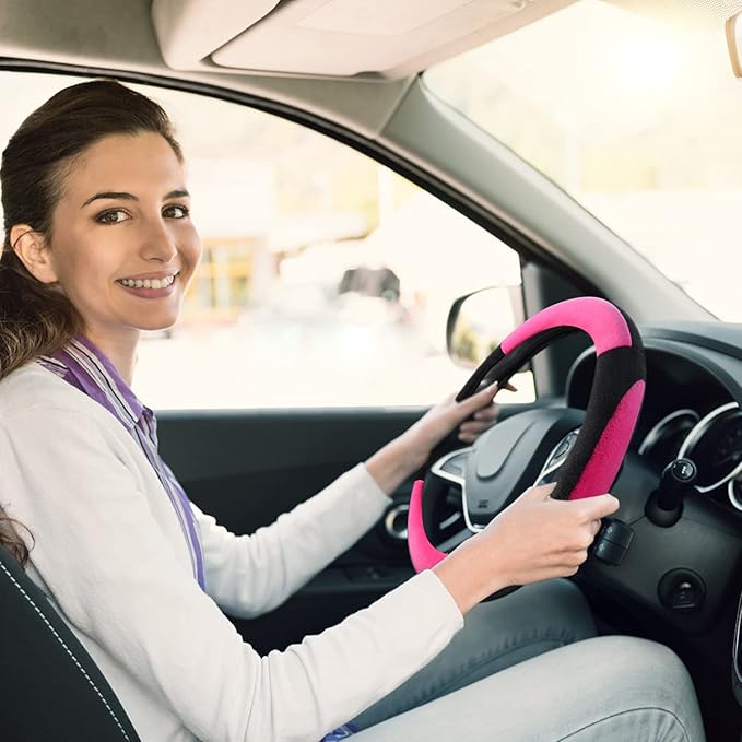 SEG Direct Steering Wheel Cover for Car, Standard Size 14.5-15 inch, Auto Interior Accessories, Plush Warm Velvet, Summer Winter, Pink