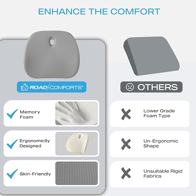 Road Comforts Premium Memory Foam Seat Cushion – Office Chair Cushion, Car Seat Cushion – Chair Cushions for Back & Sciatica Pain Relief – Seat Cushions for Office & Desk (Gray)