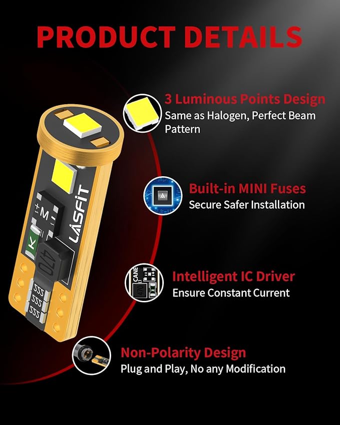 LASFIT194 LED Bulb, Extremely Bright T10 168 2825 W5W Wedge 3030 Chipsets 400 Lumens, Error Free for Car Interior Dome Map Door Courtesy Lights, Golden Yellow，12-24V