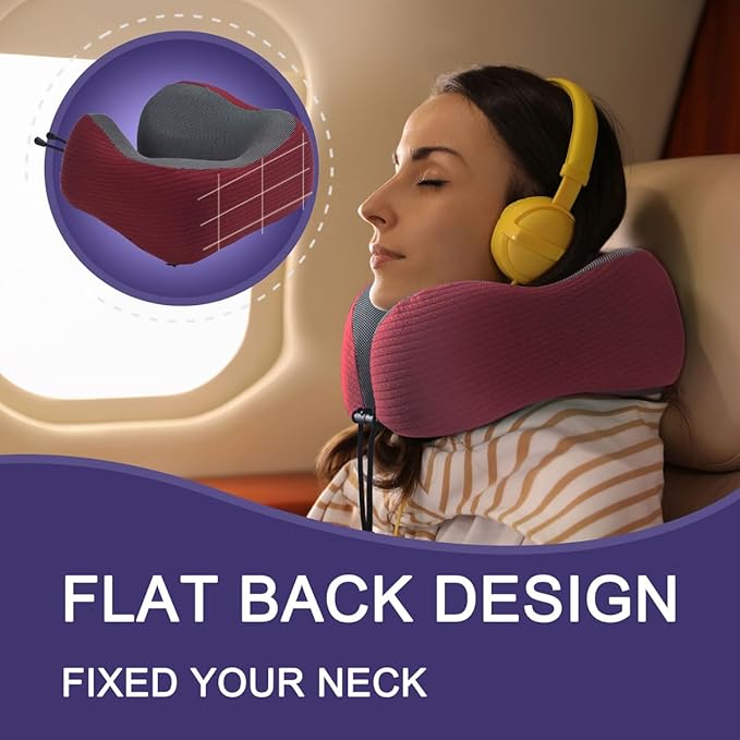 napfun Neck Pillow for Traveling, Upgraded Travel Neck Pillow for Airplane 100% Pure Memory Foam Travel Pillow for Flight Headrest Sleep, Portable Plane Accessories, Wine-Red Set