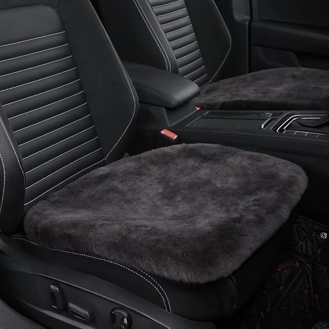 Genuine Sheepskin Auto Seat Pad, Soft Wool Seat Cover Breathable and Sweat-Wicking Comfort Warm Universal Fit (Front seat Cushion 2pcs & Rear seat Cushion 1pc, Dark Grey)