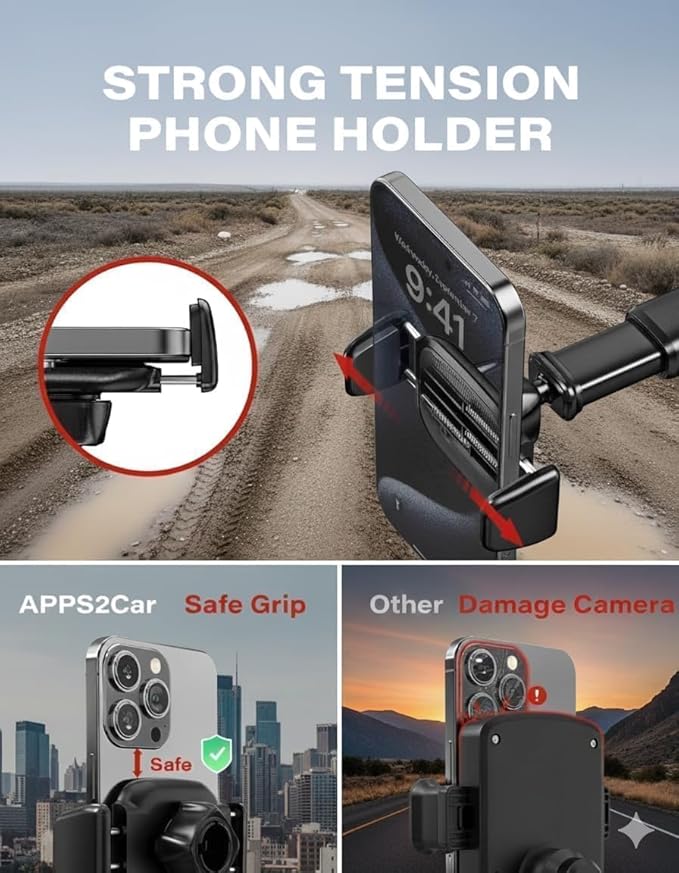 APPS2Car Car Phone Holder Mount - 3-in-1 Dashboard Windshield Air Vent - No Block Camera Thick Case - One Hand Adjustable 4.3”-6.3" Compatible for iPhone 17/16/15 pro max Samsung - Anti-UV Suction cup