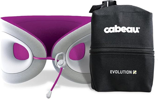 Cabeau Travel Pillow for Long Flights – Evolution X - Memory Foam Neck Support - Comfort On-The-Go for Airplane, Train, and Car (Amethyst) with Evolution X Travel Bag - Black