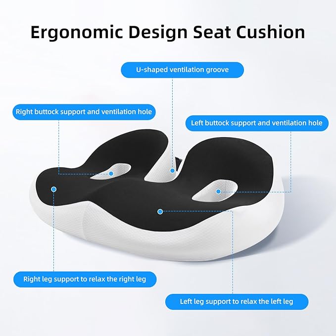 Breathable Thick Chair Seat Cushion,Upgraded Memory Foam Office Chair Cushions, Anti-Slip Bottom Car Plane Wheelchair Seat Cushion,Relieve Sciatica Tailbone Back Pain Cushion for Long Sitting (Black)
