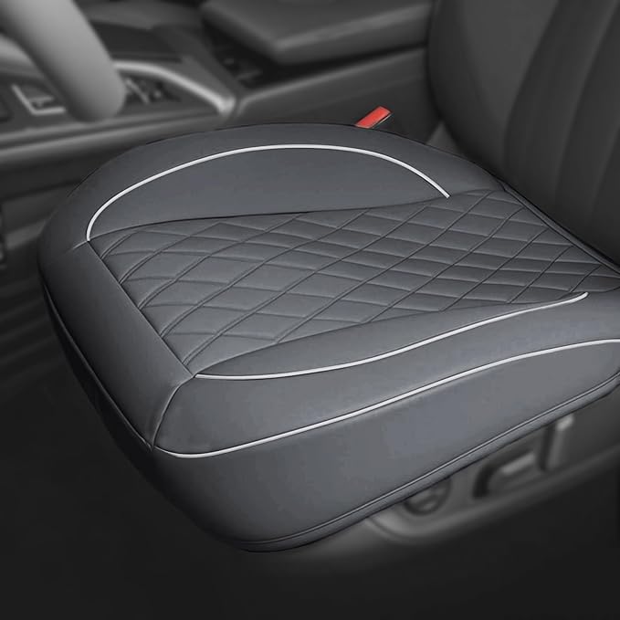 1 Pack PU Leather Quilting Front Car Seat Cover, Anti-Slip Full Wrap-Around Bottom Seat Protector Cushion with Storage Pocket, Universal Fit for Most Vehicles