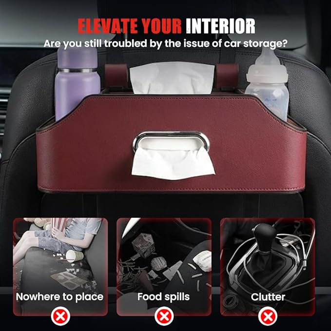 3-in-1 Car Backseat Organizer, 2026 Multifunctional Car Back Seat Storage Organize Box with Cup Holder Tissue Box, for Hold Phones, Snacks, Drinks, Handbags (Red)