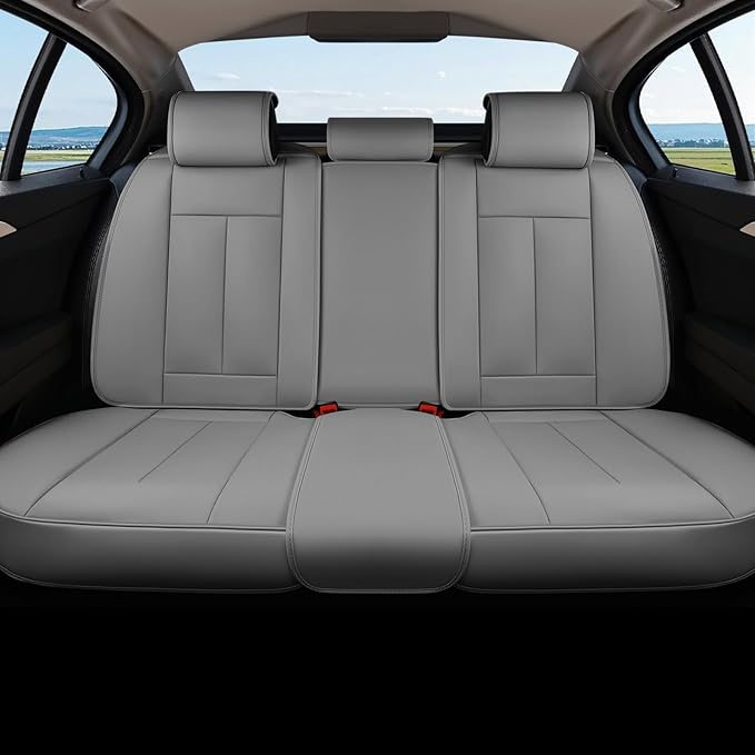 Coverado Back Seat Cover, Gray Seat Covers for Cars, Waterproof Back of Car Seat Protector for Kids, 3-Pieces Nappa Leather Car Seat Cushion, Universal Fit Most Cars Interior Backseat Covers