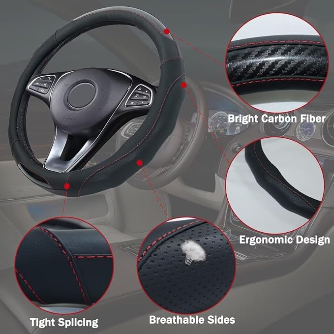 Car Steering Wheel Cover with Cup Coasters, Universal 15 inch Leather Carbon Fiber Steering Wheel Covers Comfort Grip Breathable Anti-Slip Steering Wheel Accessories for SUV Truck Van Auto - Beige