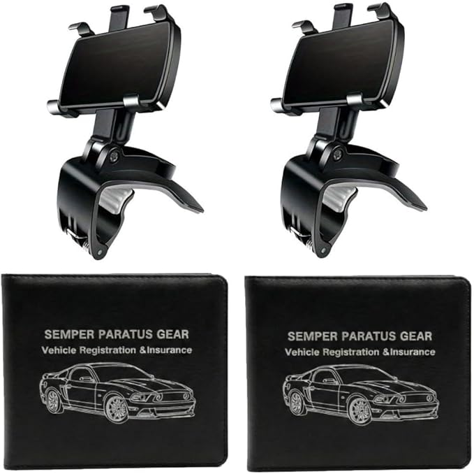 Semper Paratus Gear Car Accessory Bundle – Dashboard Phone Mount & Vehicle Registration Holder – Anti-Slip HUD Cell Phone Clip with PU Leather Glove Box Document Organizer – 4-Pack Set