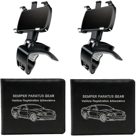 Semper Paratus Gear Car Accessory Bundle – Dashboard Phone Mount & Vehicle Registration Holder – Anti-Slip HUD Cell Phone Clip with PU Leather Glove Box Document Organizer – 4-Pack Set