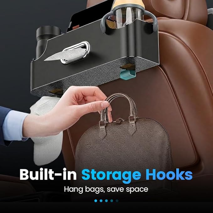 Back Seat Car Organizer, 4-in-1 Car Backseat Organizer with Cup Holder and Storage, Universal Leather Multifunctional Seat Back Storage with Tissue Box,Phone Holder, Trash Bin & Hooks (BLACK)