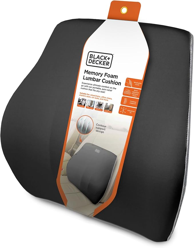 BLACK+DECKER Memory Foam Lumbar Support Pillow, Lumbar Cushion for Office, Car, Wheelchair & Airplane – Adjustable Strap, Full Back Pain Relief, Washable Cover, Black/Grey
