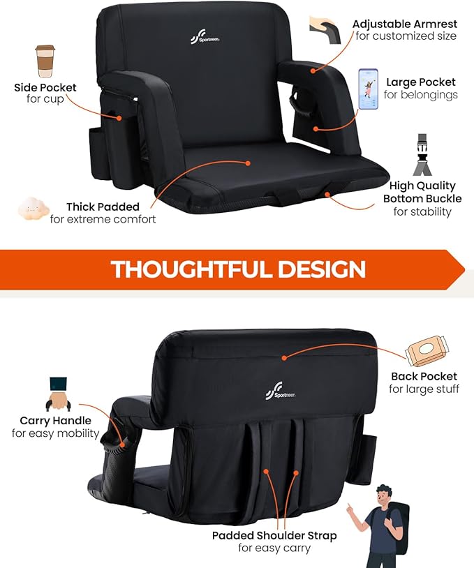 Sportneer Stadium Seats with Back Support: 2.5'' Thick Comfy Cushion 6 Adjustable Angle Bleacher Seat with Armrest - 2 Large Pockets, 2 Cup Holders Stadium Chair for Sport Events Concerts Parks