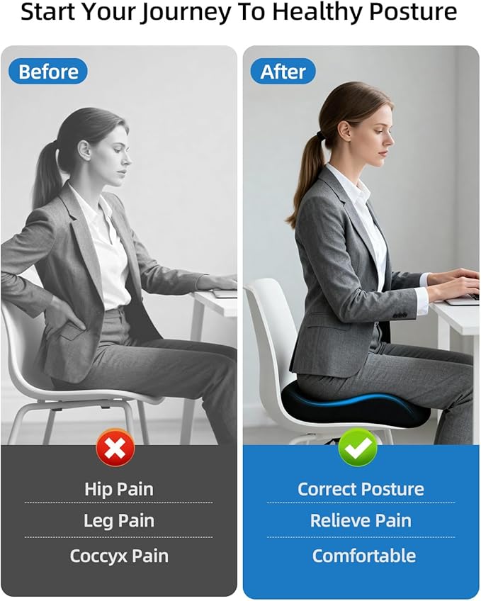 Adjustable Seat Cushions for Office Chairs, Extra-Dense Seat Cushion for Desk Chair, Home Chair, Ergonomic Sciatica Support, Hip & Tailbone Pain Relief Chair Cushions for Long Sitting (Black)