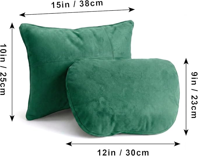 2PCS Car Pillow for Car Neck Pillow for Driving Seat Lumbar Support Soft Cushion with Extra Filling Accessories Back Support for Travel Nap and Trips Sleeping (Green, Head and Lumbar)