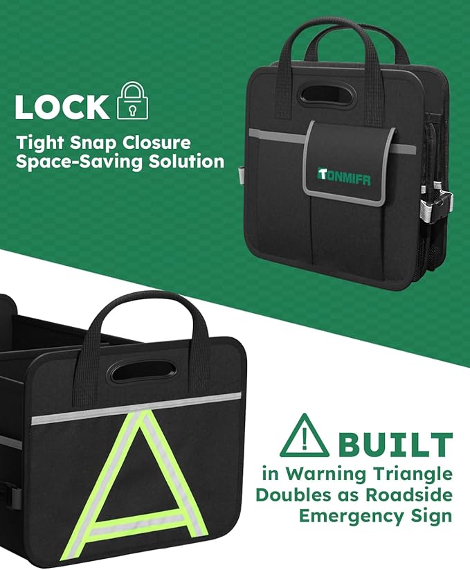 2-Compartment Trunk Organizer & Multi-Compartment Storage Box 600D Waterproof Oxford, with Reflective Strips and 8 Side Mesh Pockets for SUV, Sedan, Minivan- Heavy-Duty Car Organiser(65L)