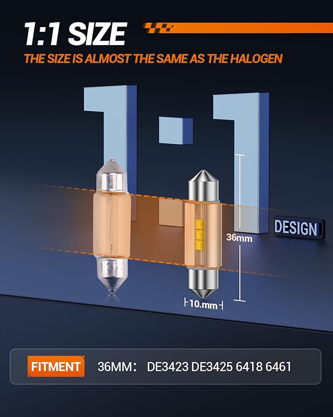 SEALIGHT 36MM DE3423 LED Bulbs Temperature Resistant CSP 2525 Ceramic Chipset 6500K White Canbus Error Free 6411 DE3425 6418 LED Bulbs Interior Light for Dome Map Door License Plate Lights (Pack of 4)