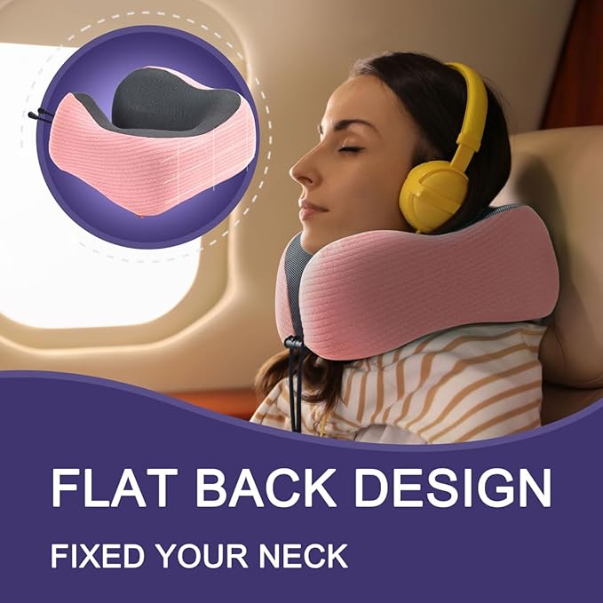 napfun Neck Pillow for Traveling, Upgraded Travel Neck Pillow for Airplane 100% Pure Memory Foam Travel Pillow for Flight Headrest Sleep, Portable Plane Accessories, Pink