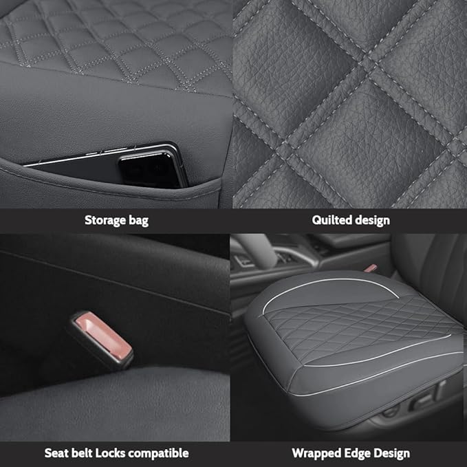 1 Pack PU Leather Quilting Front Car Seat Cover, Anti-Slip Full Wrap-Around Bottom Seat Protector Cushion with Storage Pocket, Universal Fit for Most Vehicles