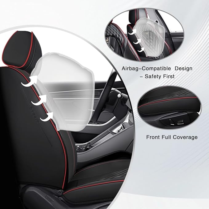 Fit for Dodge Dakota Seat Covers 2000-2011, Nappa Leather, 360° Full Protection, Thick Padding & Memory Foam, Waterproof & Stain-Resistant Car Seat Cover (Full Set with Headrests,Black&Red)