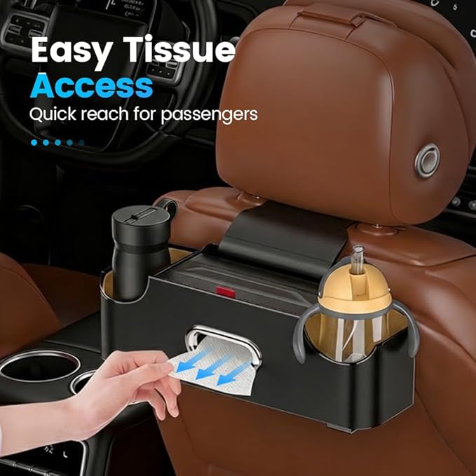 Back Seat Car Organizer, 4-in-1 Car Backseat Organizer with Cup Holder and Storage, Universal Leather Multifunctional Seat Back Storage with Tissue Box,Phone Holder, Trash Bin & Hooks (ORANGE)