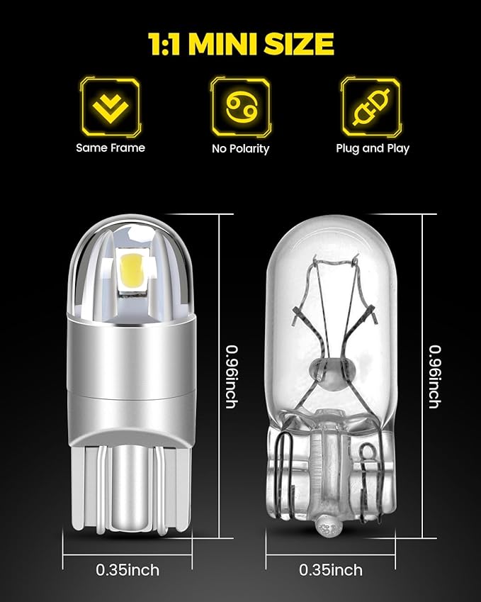 BANGO 194 LED Bulb, 6000K White Super Bright 168 T10 2825 W5W LED Replacement Bulbs for Car Interior Dome Map Door Courtesy Trunk Side Marker License Plate Lights, Pack of 10