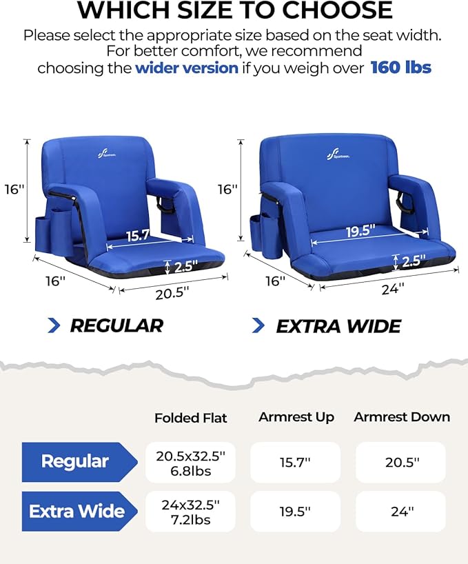 Sportneer Stadium Seats with Back Support: 2.5'' Thick Comfy Cushion 6 Adjustable Angle Bleacher Seat with Armrest - 2 Large Pockets, 2 Cup Holders Stadium Chair for Sport Events Concerts Parks