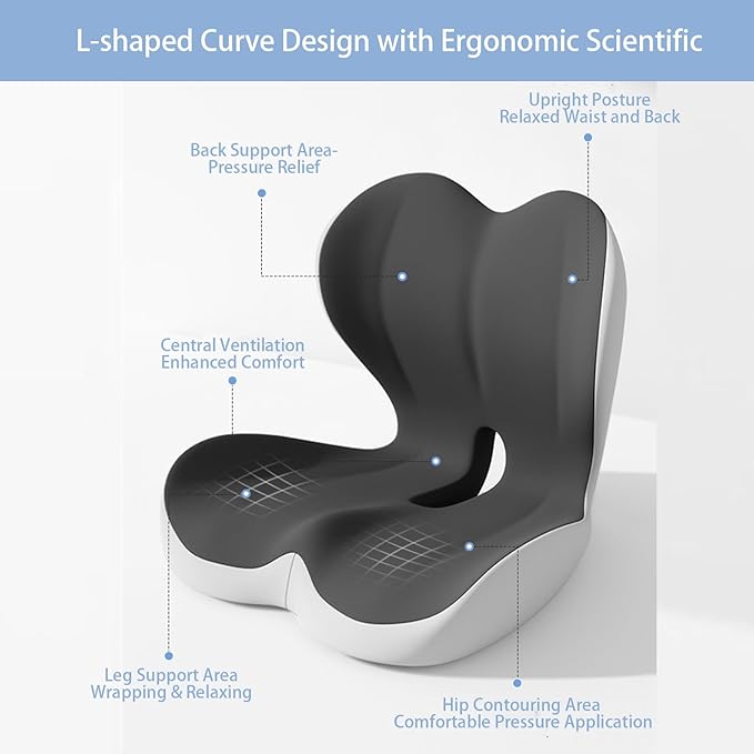 Seat Cushion Premium Ergonomic Memory Foam Car & Office Chair Seat Cushion - Orthopedic Lumbar Support for Back Pain Relief, Non-Slip Design for Car, Truck, Home Chair & Office Seat