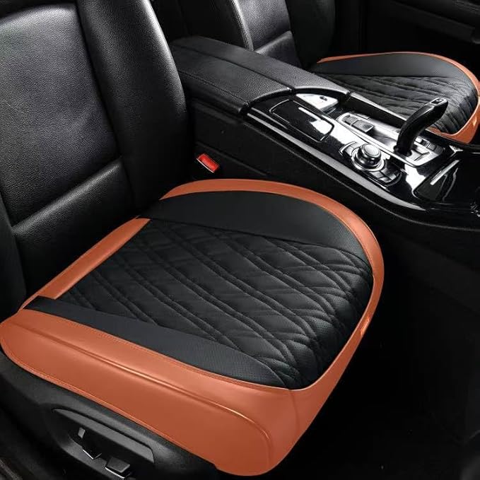 Luxury Faux Leather Car Seat Cover Front Bottom Protector, Seat Cushion Without Backrest, Anti-Slip and Wrap Around The Bottom, Fit Most Cars & Vehicles, 2 Piece, Brown&Black