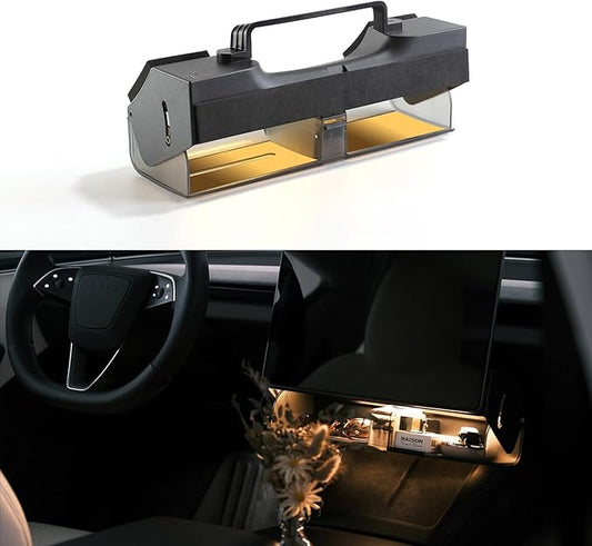 TPARTS Hidden Magnetic (Under Screen) Storage Box for Tesla Model 3 Highland 2024+/Model Y Juniper 2025+, Open-Close Design Console Organizer Dashboard Tissue Holder with Smart Warm White Light