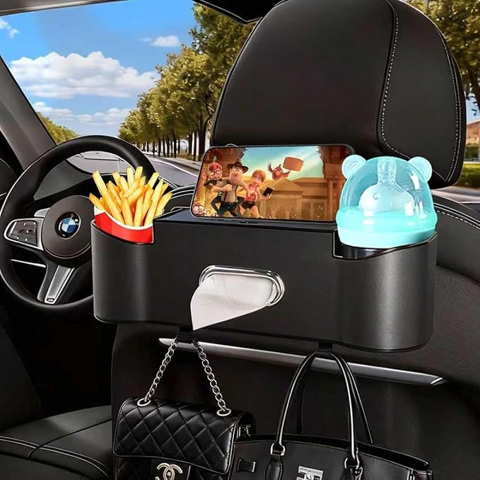 2Pack Car Backseat Organizer for Kids & Travelers - 4 in 1 Multifunctional Car Seat Back Storage with Cup Holder, Tissue Box, Snack/Handbag Holder - Nappa Leather Universal Fit for SUV/Van(Black)
