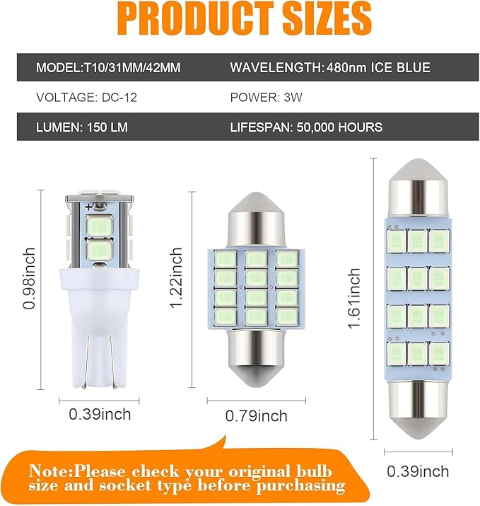 24 Pieces Dome Light LED Car Interior Bulb Kit Set 194 T10 DE3175 578 31mm 42mm Bulbs Interior Replacement Lights for Car Map License Plate Door Side Marker Cornering Trunk Light - Ice Blue